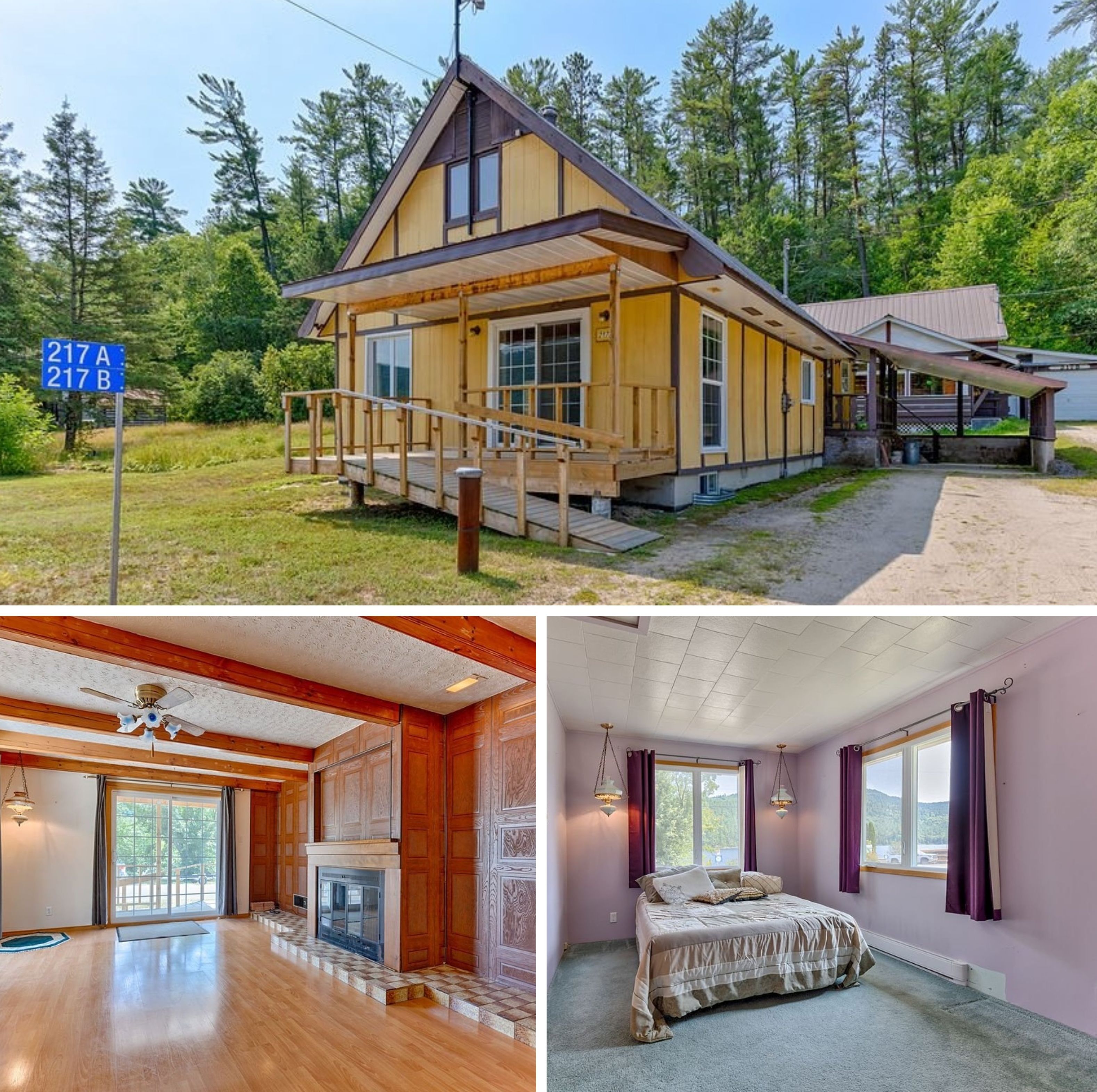 La devanture de la maison. En-bas \u00e0 gauche : le salon. En-bas \u00e0 droite : une chambre \u00e0 coucher.