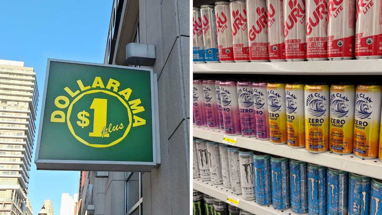 La devanture du Dollarama. Droite : De la White Claw Zero vendue au Dollarama.
