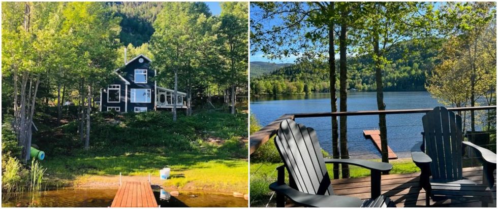 La fa\u00e7ade d'un chalet bleu, son terrain et un quai. Droite : Le balcon d'un chalet avec des chaises devant un lac.