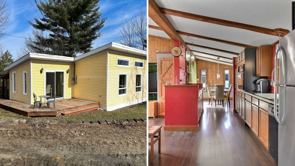 La fa\u00e7ade d'une maison \u00e0 vendre. Droite : la cuisine de la maison \u00e0 vendre.