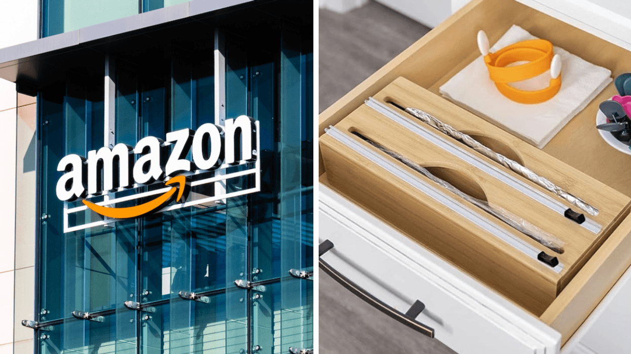 La façade d'un bureau Amazon. Droite : Un distributeur de papier alimentaire en bambou en vente sur Amazon.