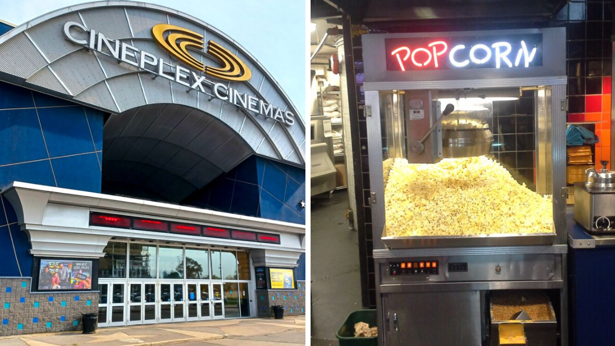 La façade d'un cinéma Cineplex. Droite : Une machine à popcorn.