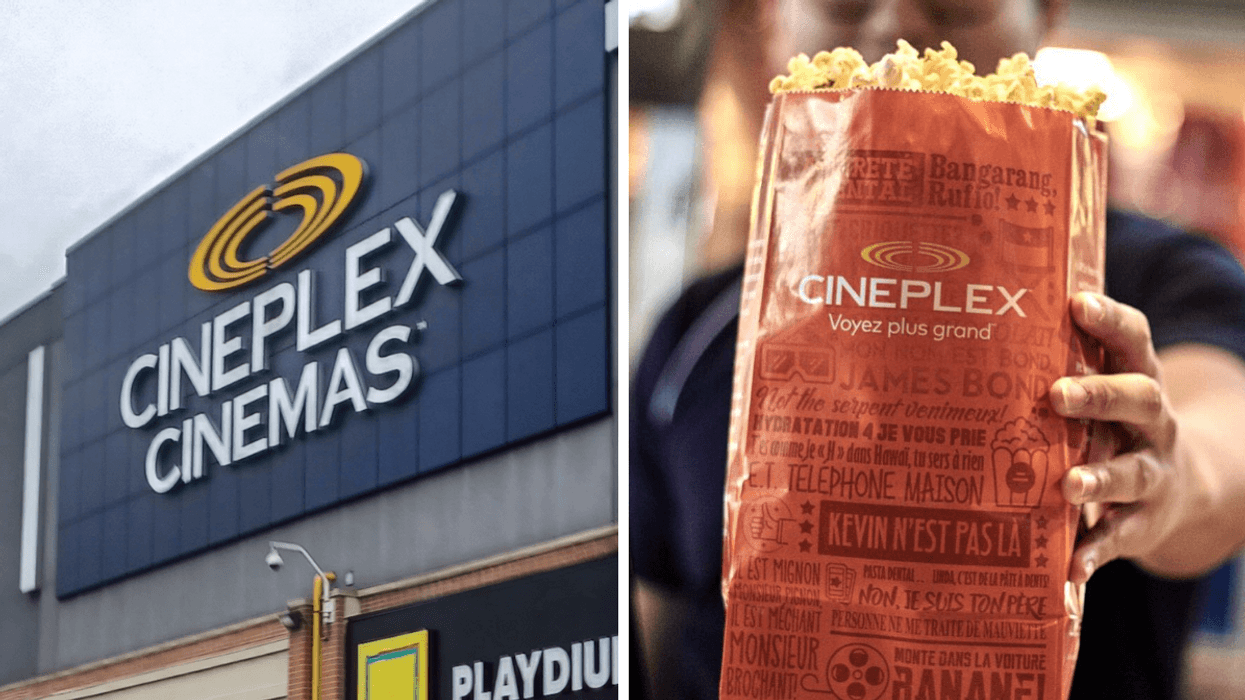 La façade d'un Cineplex. Droite : Un sac de popcorn vu de haut.