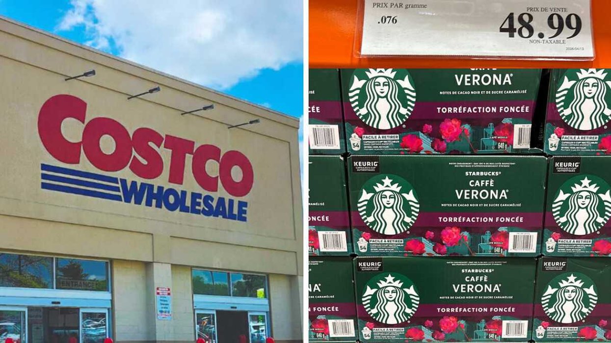 La façade d'un Costco. Droite : Boîtes de dosettes K-Cups Starbucks au Costco.