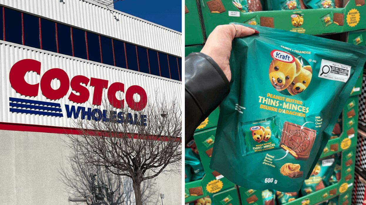 La façade d'un Costco. Droite : Friandises Thins Kraft au beurre d’arachide enrobées de chocolat au lait au Costco.