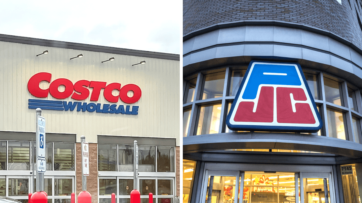 La façade d'un Costco. Droite : L'enseigne d'une pharmacie Jean Coutu.