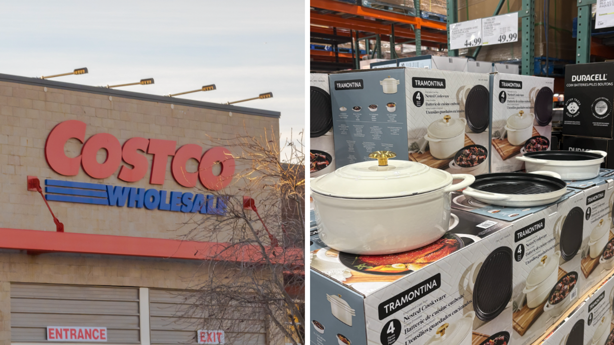 La façade d'un Costco. Droite : L'ensemble de quatre morceaux Tramontina au Costco.