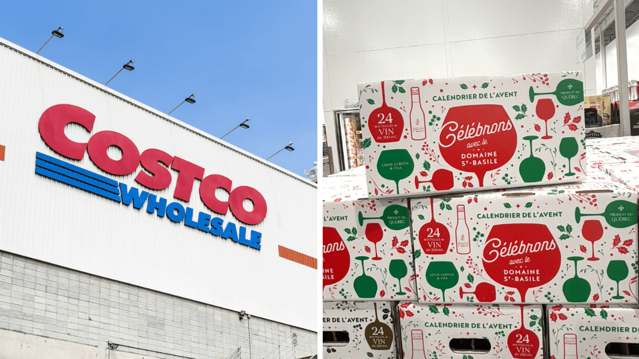 La façade d'un Costco. Droite : Le calendrier de l'avent Célébrons avec le Domaine St-Basile.
