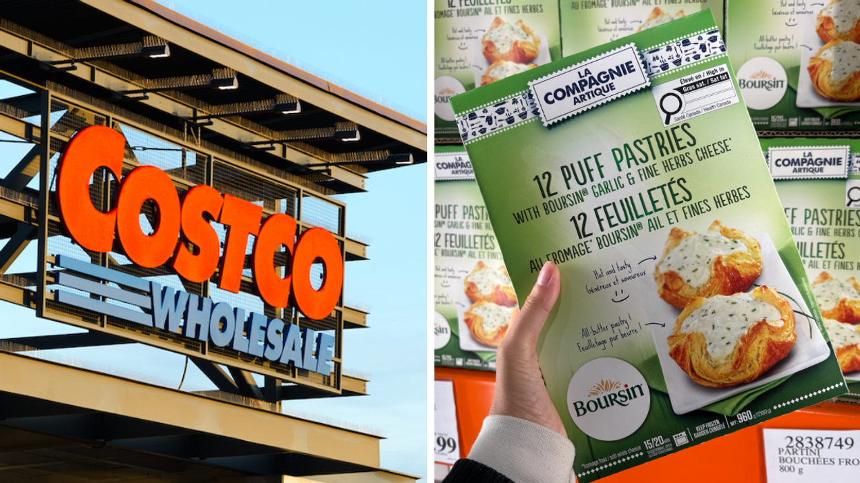 La façade d'un Costco. Droite : Les feuilletés au fromage Boursin de La Compagnie Arctique au Costco.