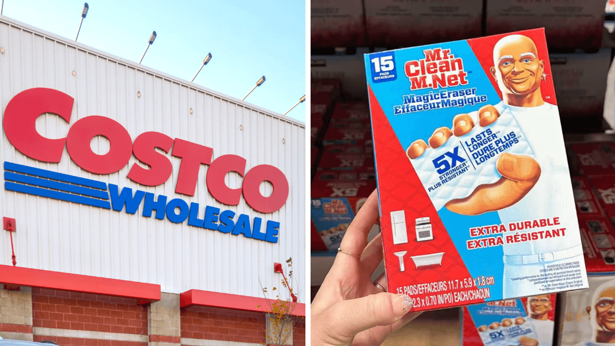 La façade d'un Costco. Droite : Une main tenant un Effaceurs magiques M. Net au Costco.