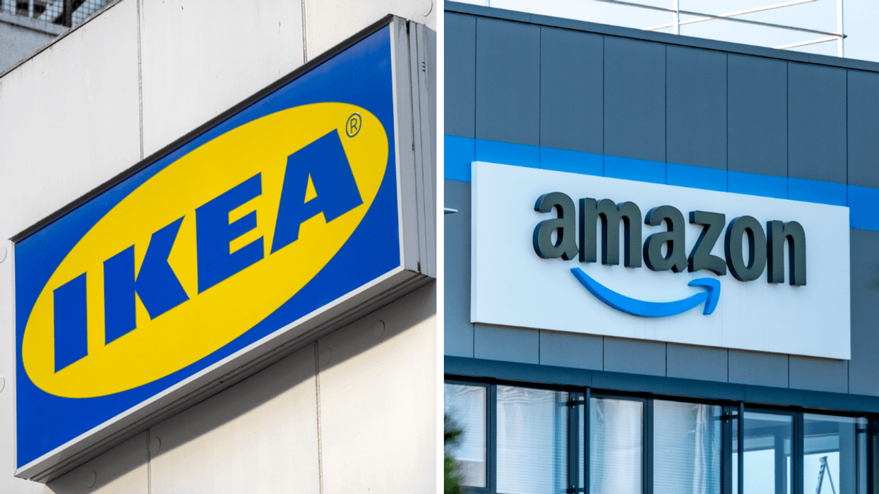 La façade d'un IKEA. Droite : Une enseigne Amazon.