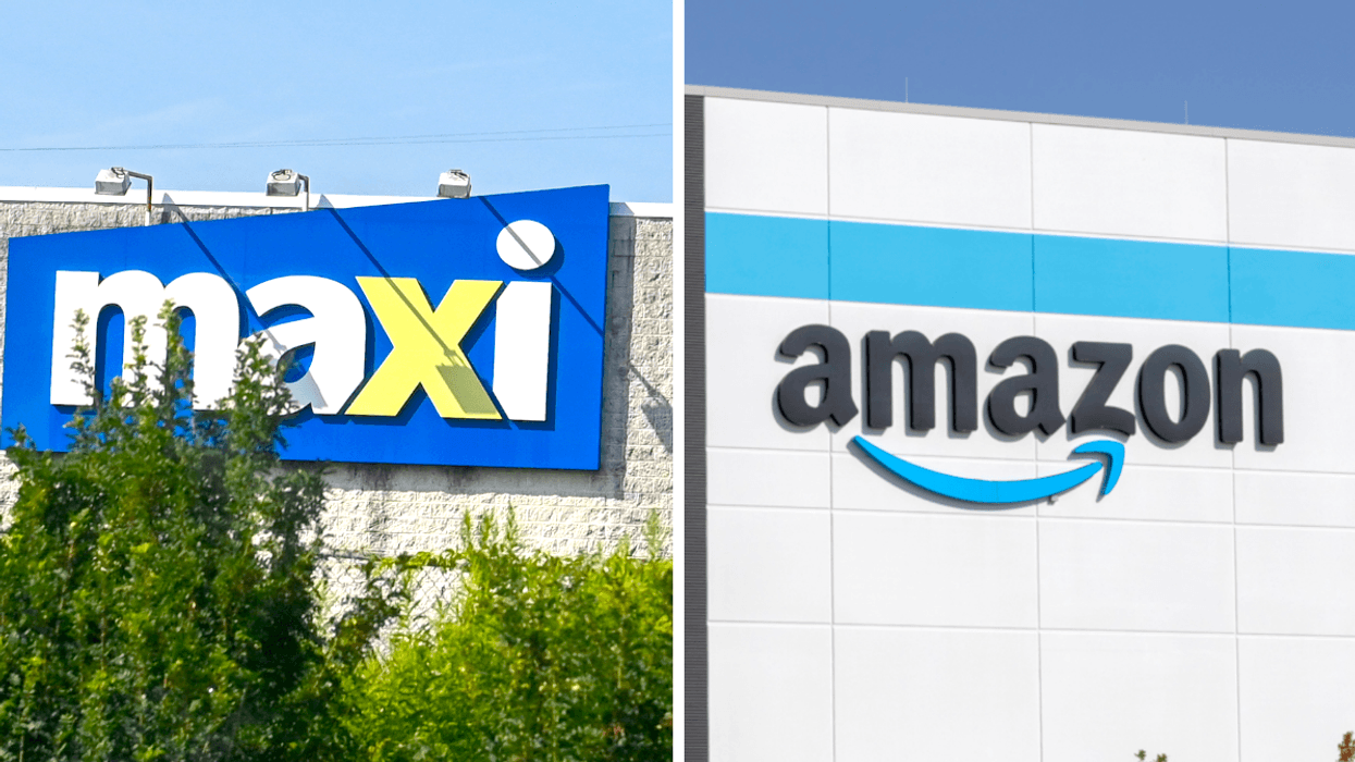 La façade d'un Maxi. Droite : La façade d'un bâtiment Amazon.