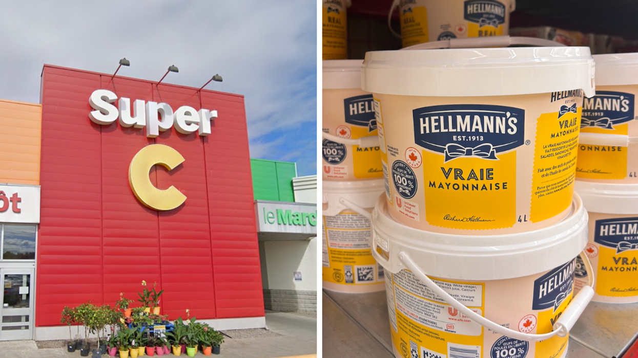 La façade d'un Super C. Droite : Des pots de 4 L de mayonnaise Hellmann's au Super C.