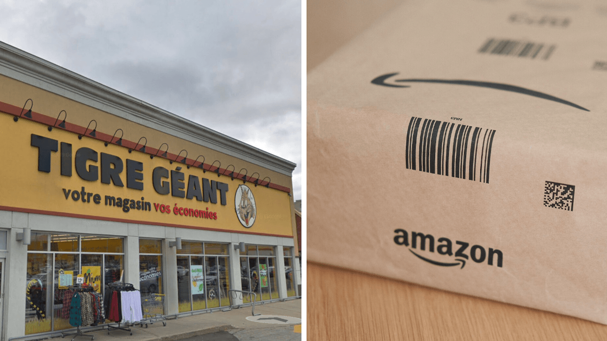 La façade d'un Tigre Géant. Droite : Un colis Amazon.