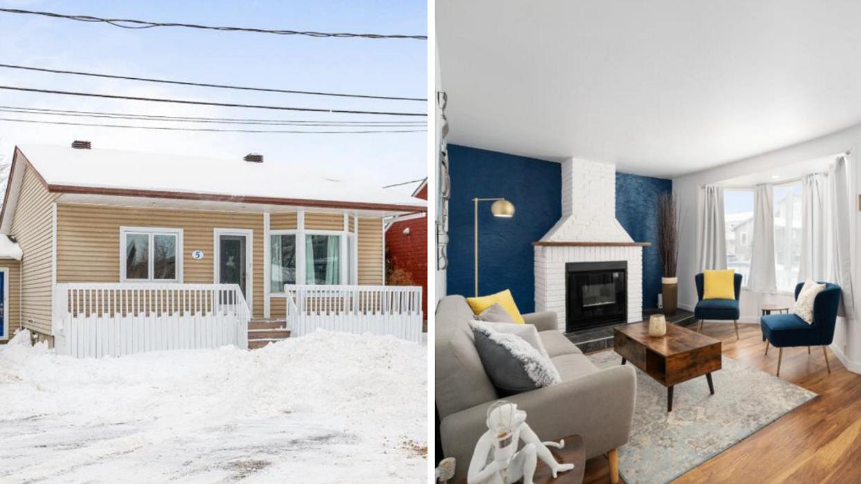 La façade d'une maison à vendre dans le Grand Montréal. Droite : Le salon avec foyer d'une maison à vendre au Québec.