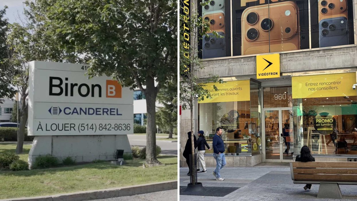 La façade de Biron. Droite : la devanture d'un Vidéotron.