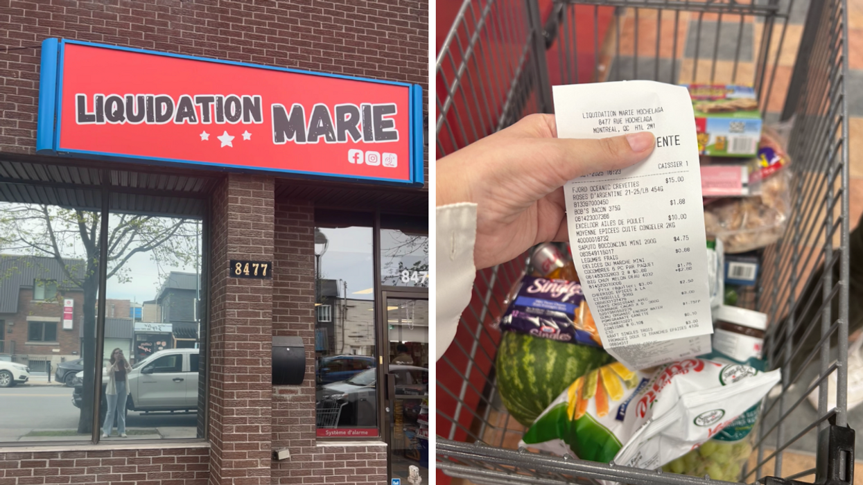 La façade de l'épicerie Liquidation Marie de Montréal. Droite : Une main tenant la facture à bas prix du Liquidation Marie devant un panier d'épicerie rempli.