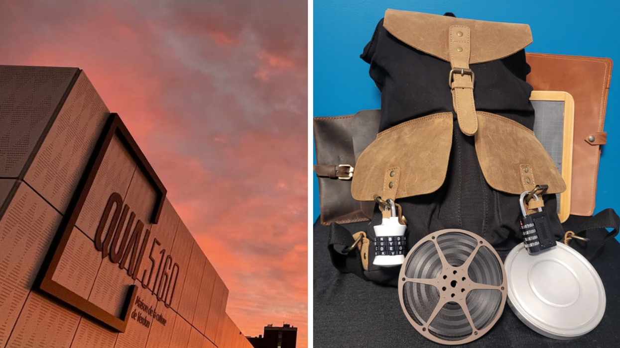 La façade de la Maison de la culture de Verdun. Droite : Le sac à dos d'un jeu d'évasion à Montréal.