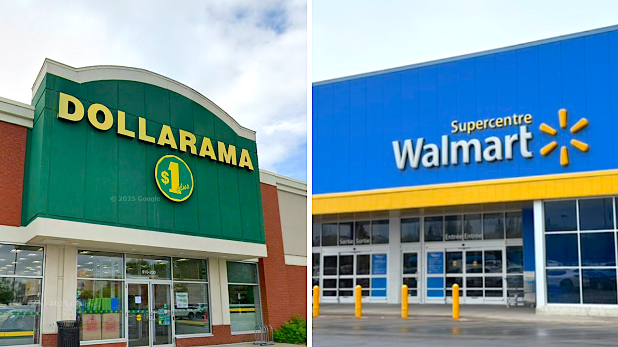 La façade du Dollarama. Droite : La façade du Walmart.
