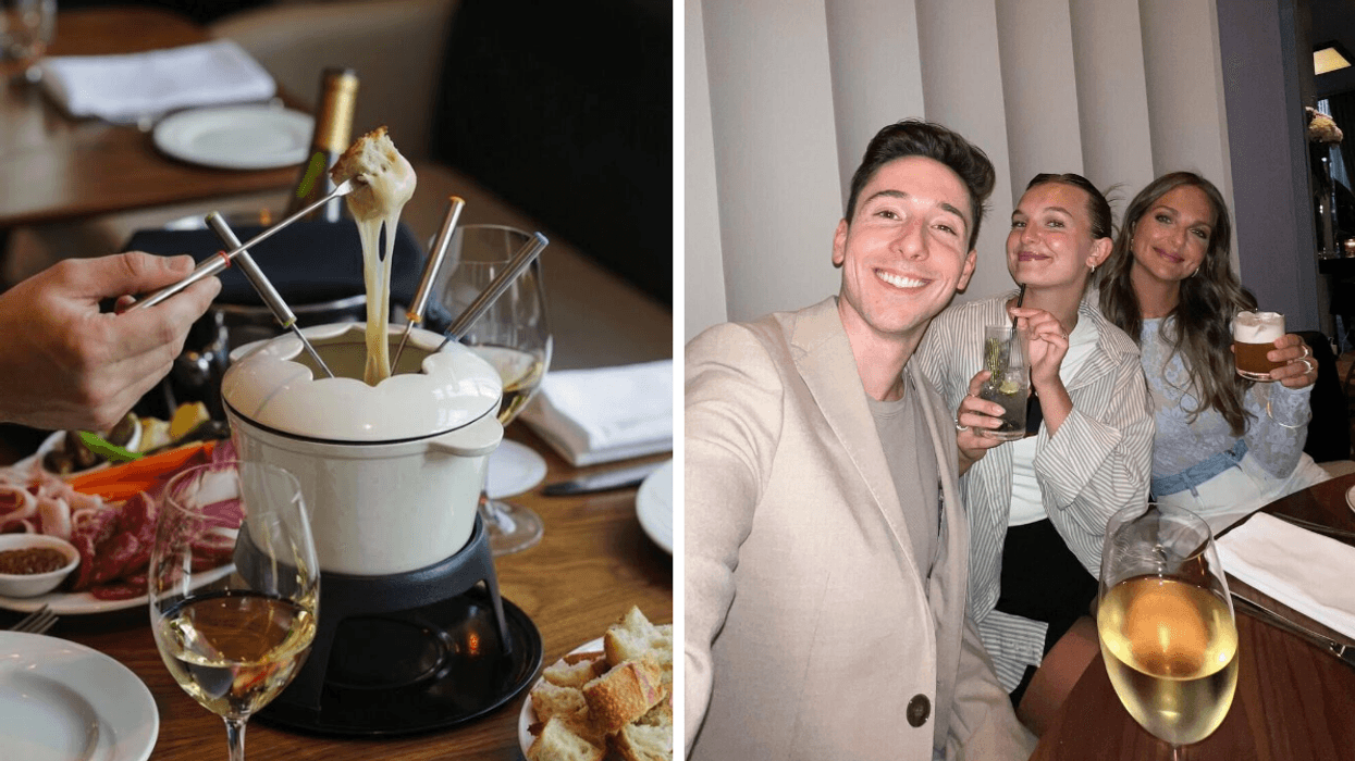 La fondue au fromage du Restaurant Île de France. Droite : Un groupe de 3 personnes au Restaurant Île de France.