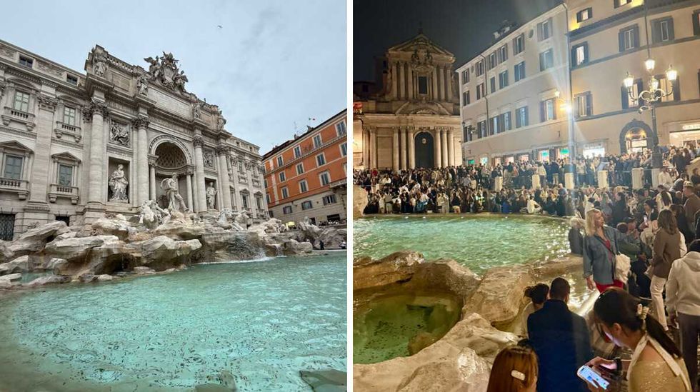 La fontaine de Trevi de jour. Droite: La fontaine de Trevi de soir.