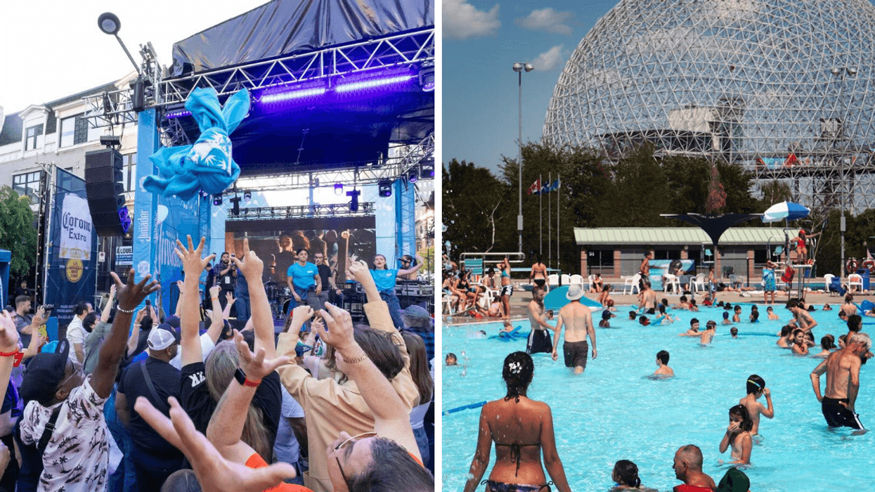 La foule du Festival de Crescent. Droite : Le complexe aquatique du parc Jean-Drapeau.