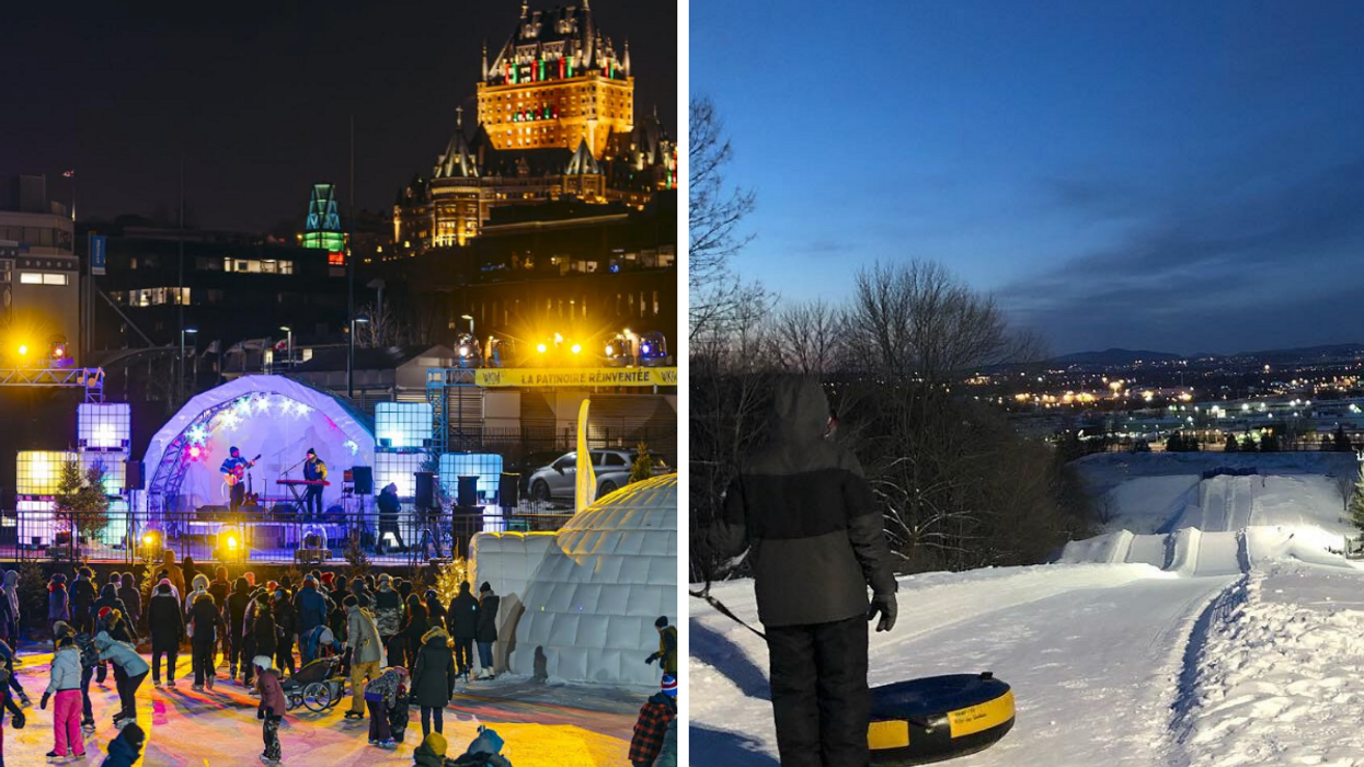 La foule et la scène de la Discoglace du Port de Québec. Droite : Une personne qui va glisser au Centre de glisse Myrand en soirée.