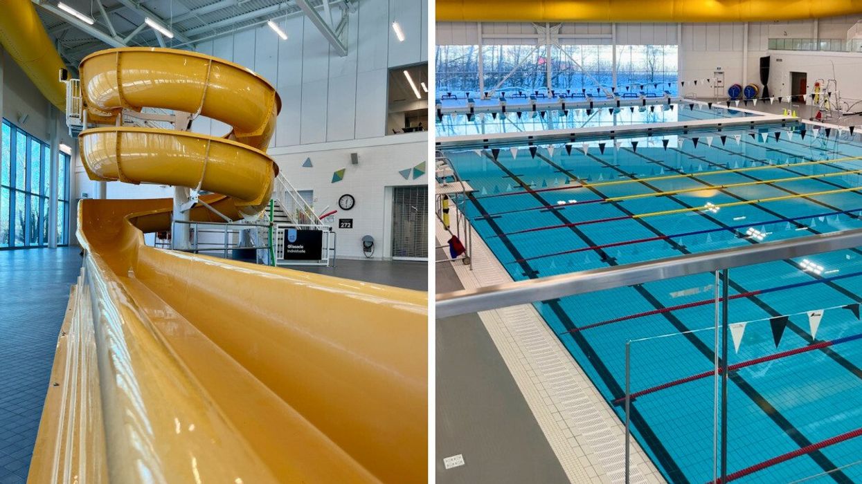La glissade du Complexe aquatique de Laval. Droite : Le bassin sportif du Complexe aquatique de Laval.