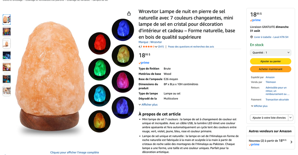 La lampe de sel de l'Himalaya vendue sur Amazon Canada pour 18,95 $.