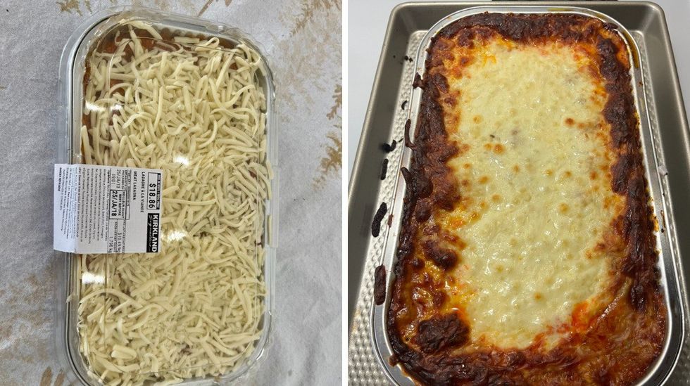 La lasagne \u00e0 la viande du Costco dans son emballage. Droite : La lasagne \u00e0 la viande du Costco une fois cuite.