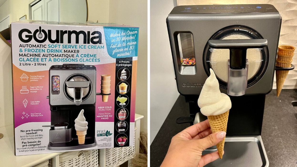 La machine à crème glacée et à slush de Gourmia dans son emballage. Droite : un cornet de crème glacée molle.