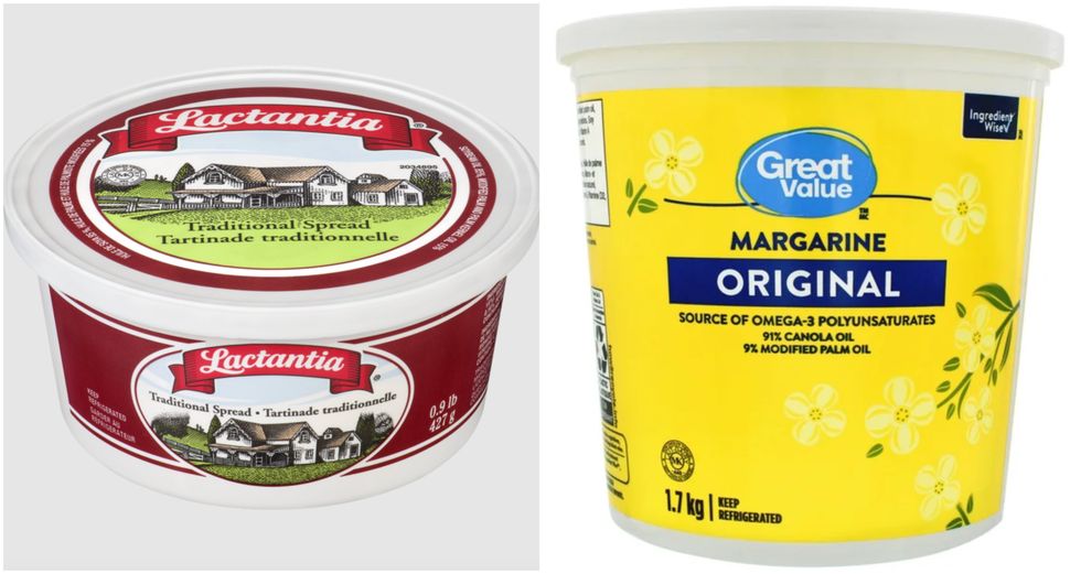 La margarine Lactantia en vente sur le site de Maxi. Droite : La margarine Great Value sur le site du Walmart.