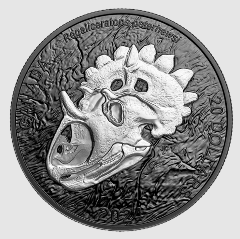 La nouvelle pi\u00e8ce de la Monnaie royale canadienne, en argent pur plaqu\u00e9 rhodium noir orn\u00e9e d'un Regaliceratops peterhewsi.
