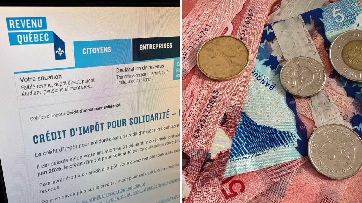 La page d'accueil de Revenu Québec. Droite : de l'argent canadien.