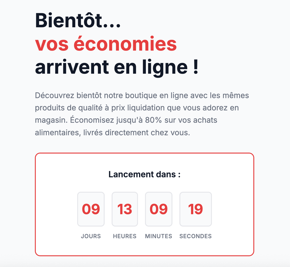 La page d'accueil du site de Liquidation Marie, avec un d\u00e9compte pour le lancement des achats en ligne.