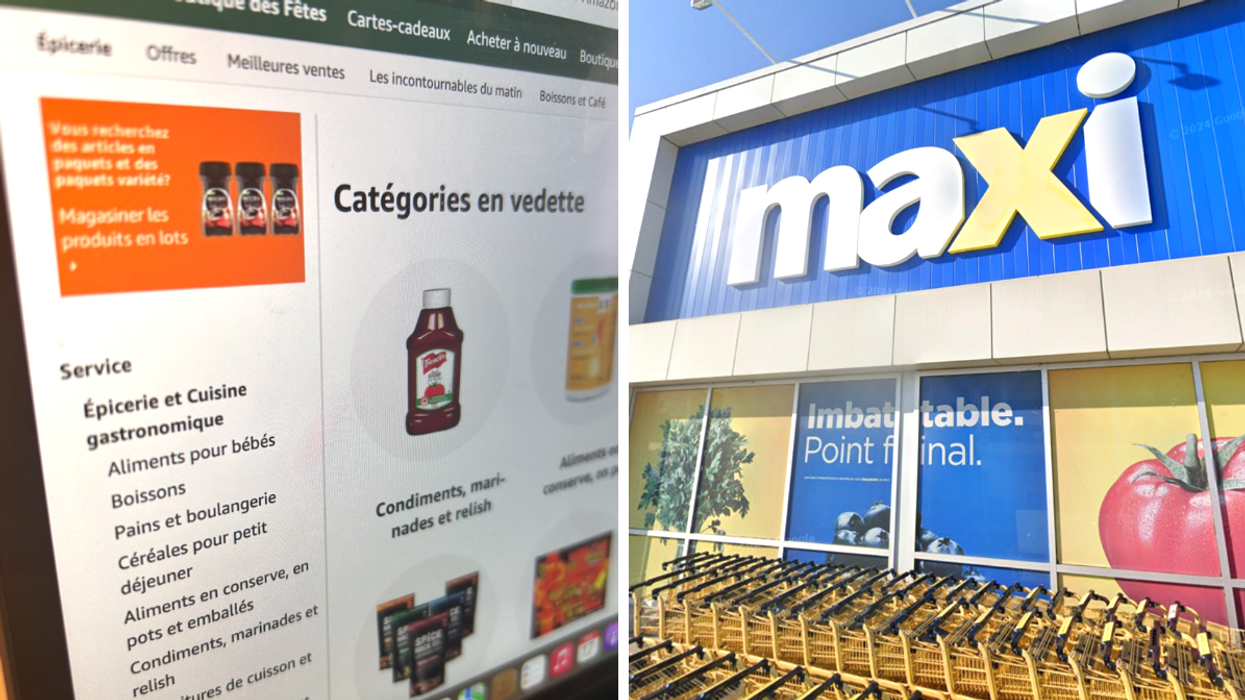 La page d'épicerie d'Amazon Canada. Droite : La façade d'un Maxi.