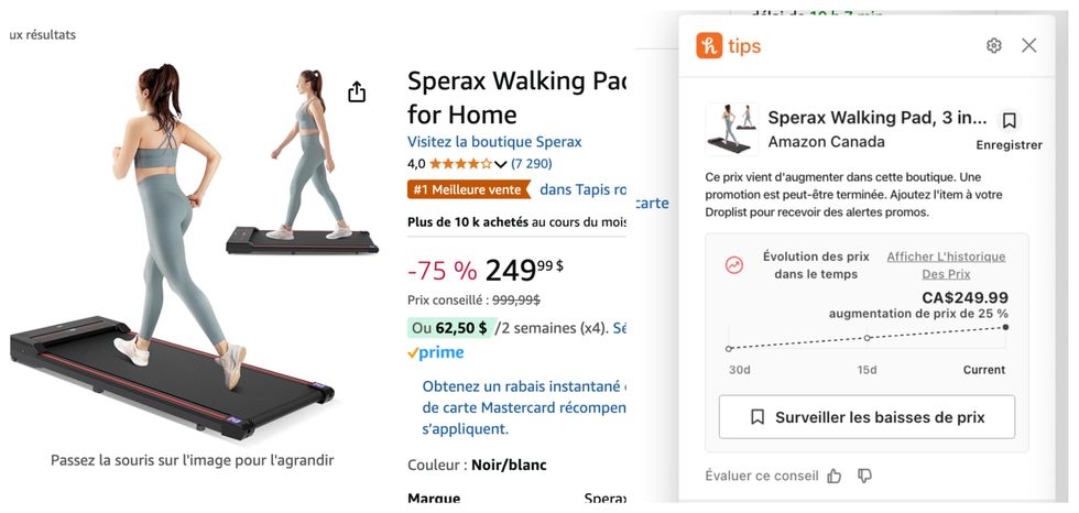 La page de vente du tapis de marche de Sperax sur Amazon Canada. Droite : L'extension Honey \u00e9valuant les hausses de prix sur Amazon Canada.