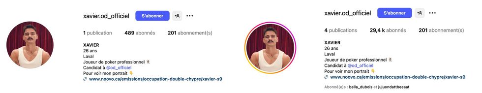 La page Instagram de Xavier d'OD en date du 25 ao\u00fbt 2025. Droite : La page Instagram de Xavier d'OD en date du 10 octobre 2025.