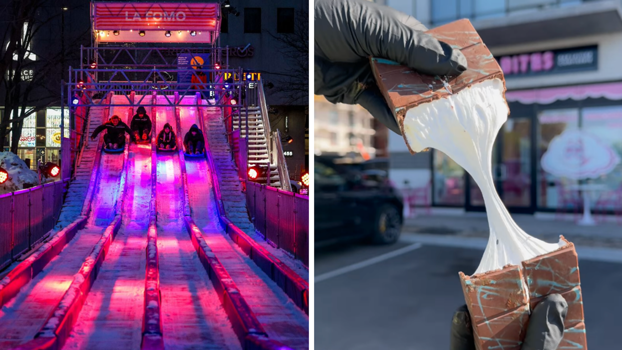 La piste FOMO au Glissade Gamelin. Droite : Une barre de chocolat du Sour Bites à Montréal.