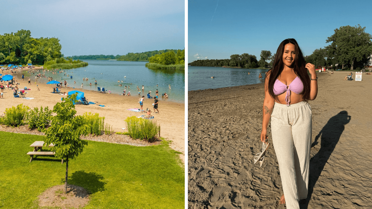 La plage du parc régional des Îles-de-Saint-Timothée. Droite : Une personne à la plage.
