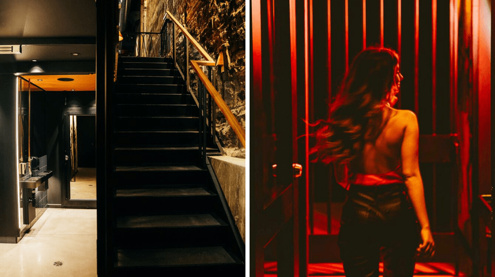 La porte du Tiger Bar \u00e0 Qu\u00e9bec. Droite : Une personne qui franchit la porte du Tiger Bar \u00e0 Qu\u00e9bec.