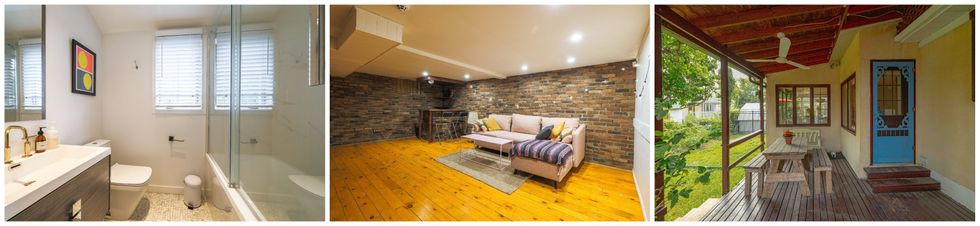 La salle de bain. Centre : Le sous-sol. Droite : La cour.