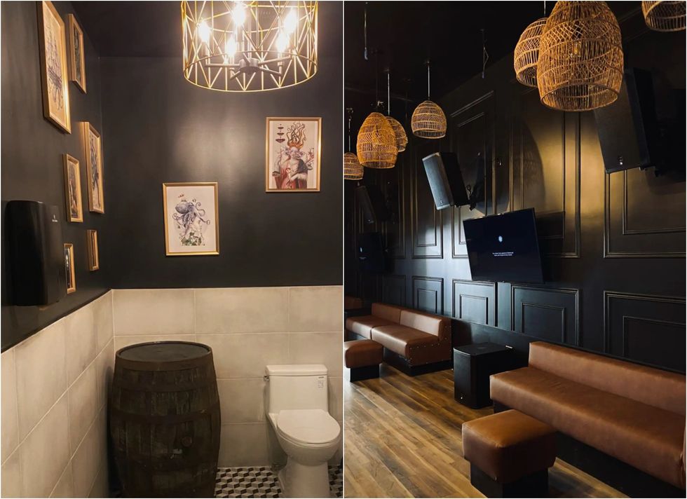 La salle de bain. Droite : Une section du bar.