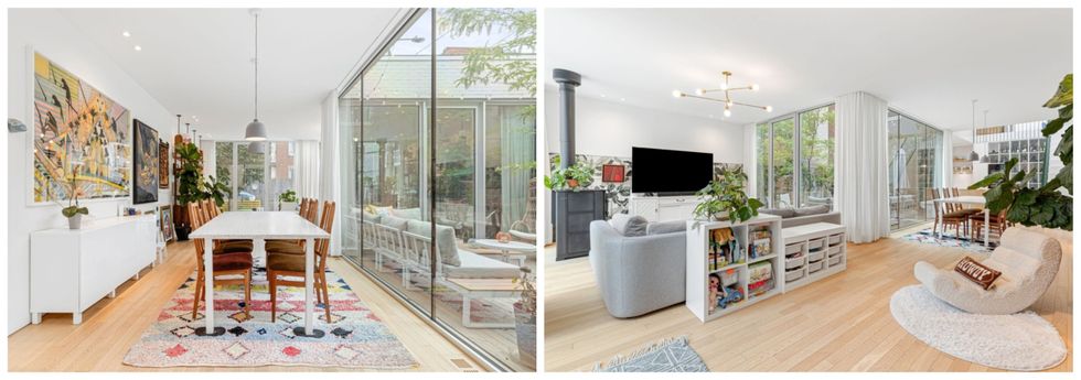 La salle \u00e0 manger. Droite : Le salon.