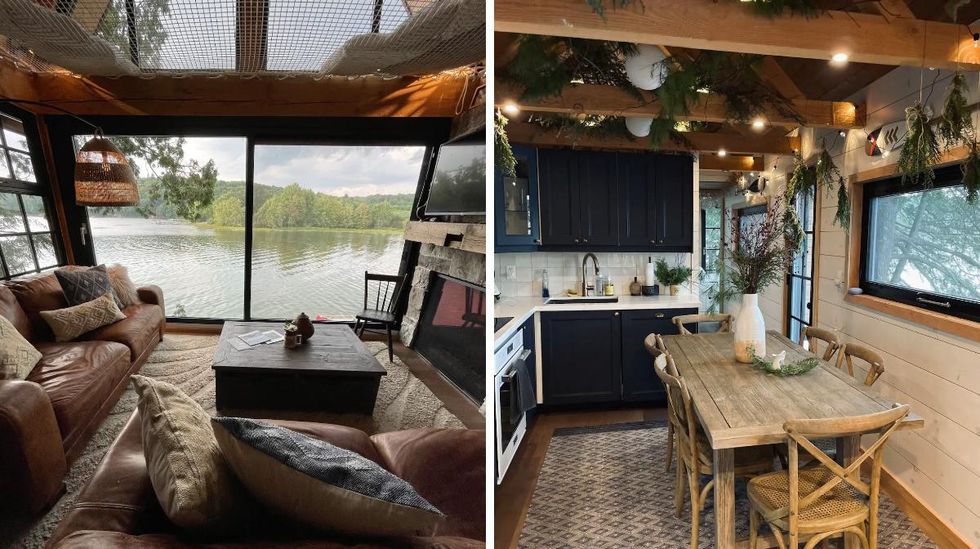 La salon. Droite : La cuisine.