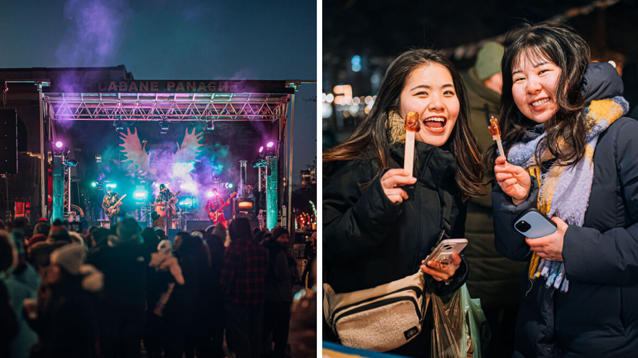 La scène du festival Cabane Panache à Montréal. Droite : Deux personnes qui mange de la tire d'érable à Cabane Panache.