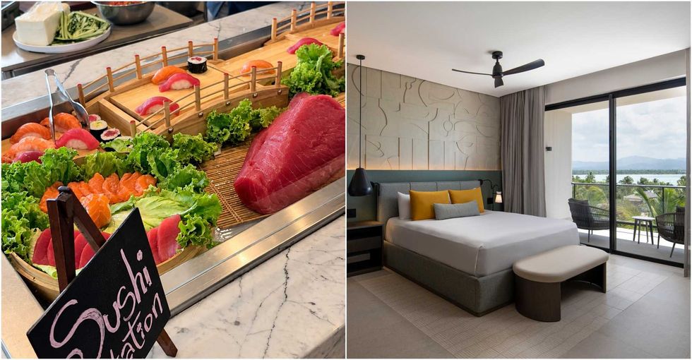 La section sushi du buffet du Zem\u00ed Miches. Droite : Une chambre du Zem\u00ed Miches.