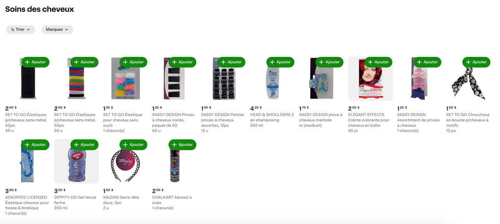 La section \u00ab Soin des cheveux \u00bb de la plateforme de vente en ligne de Dollarama.