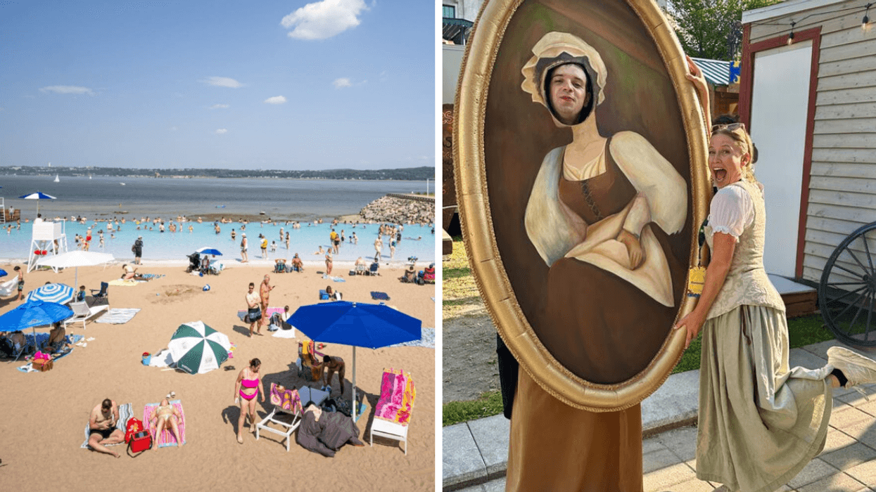 La Station de la plage à Québec. Droite : une personne aux Fêtes de la Nouvelle-France.