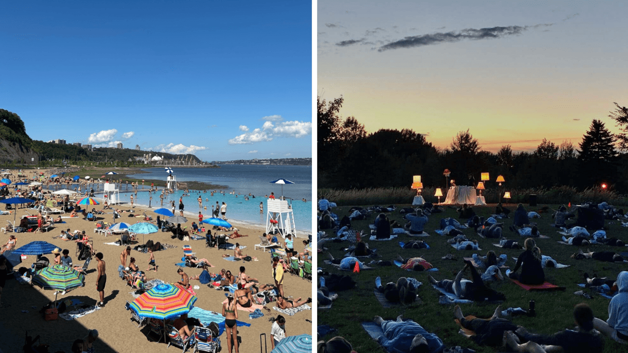 La station de la plage. Droite : Du yoga au coucher du soleil.